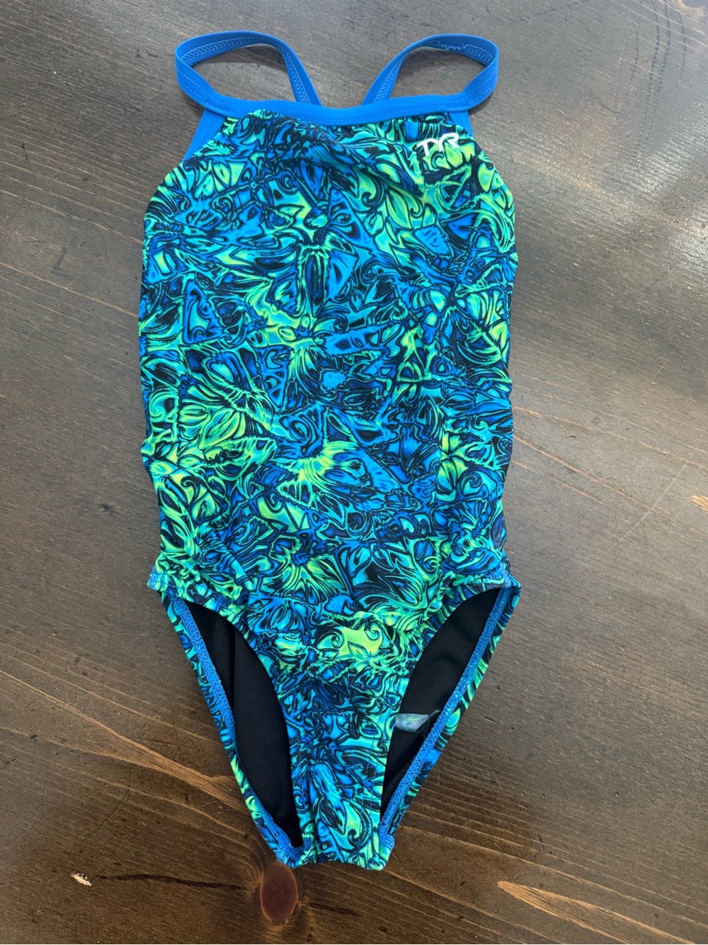 TYR Blue & Green Patterned Kids One-Piece Swimsuit,size 24